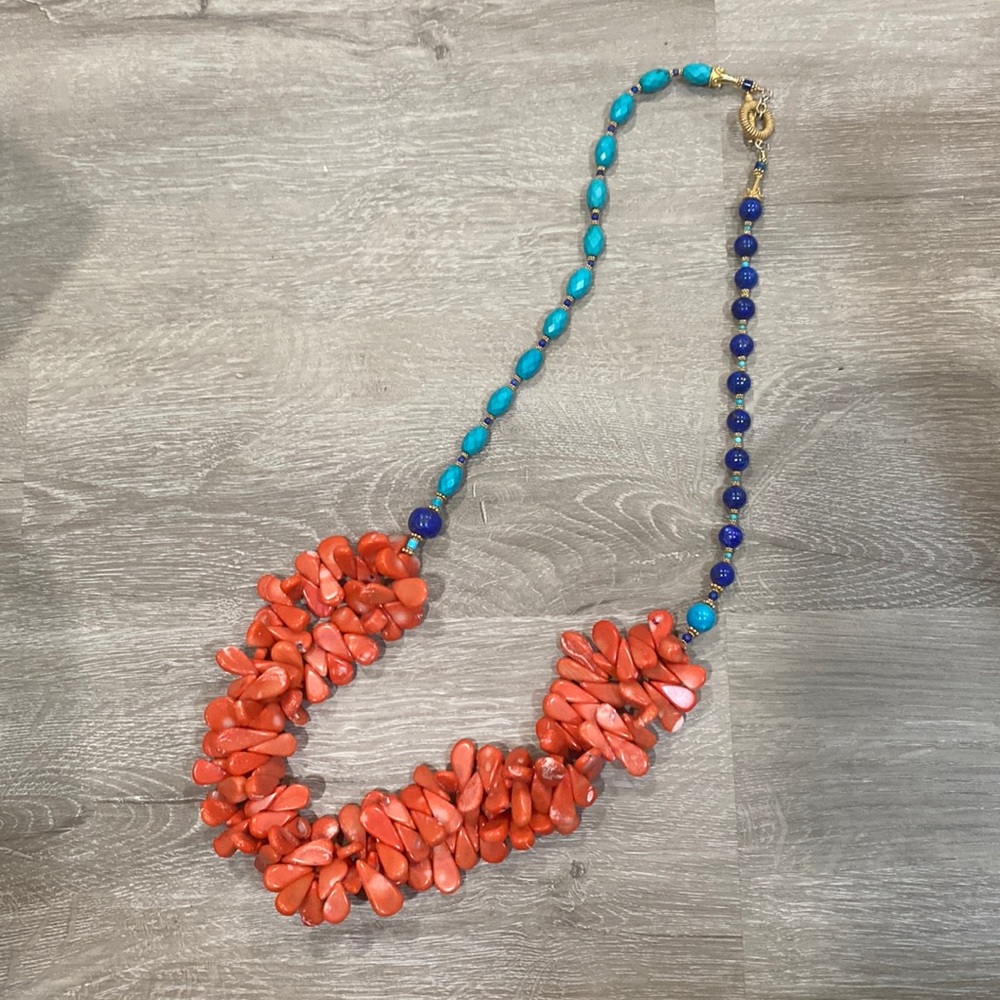 Amazing coral turquoise lapis long necklace 14k clasp